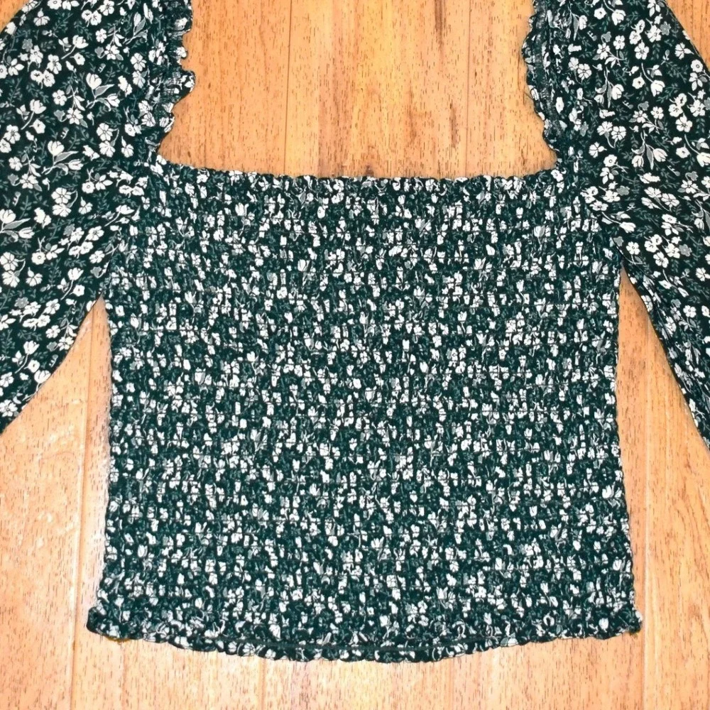 Reformation Smocked Floral Top Womens XS Green Excellent Puff Sleeve Square Neck